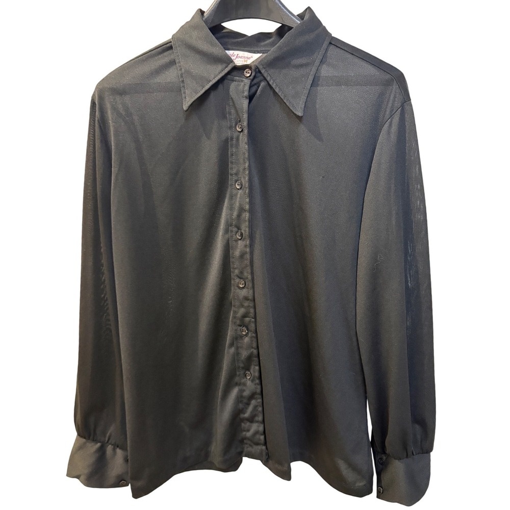 Carole Joanne Button Down Blouse Womens XL Black Vintage 70s Semi Sheer Knit